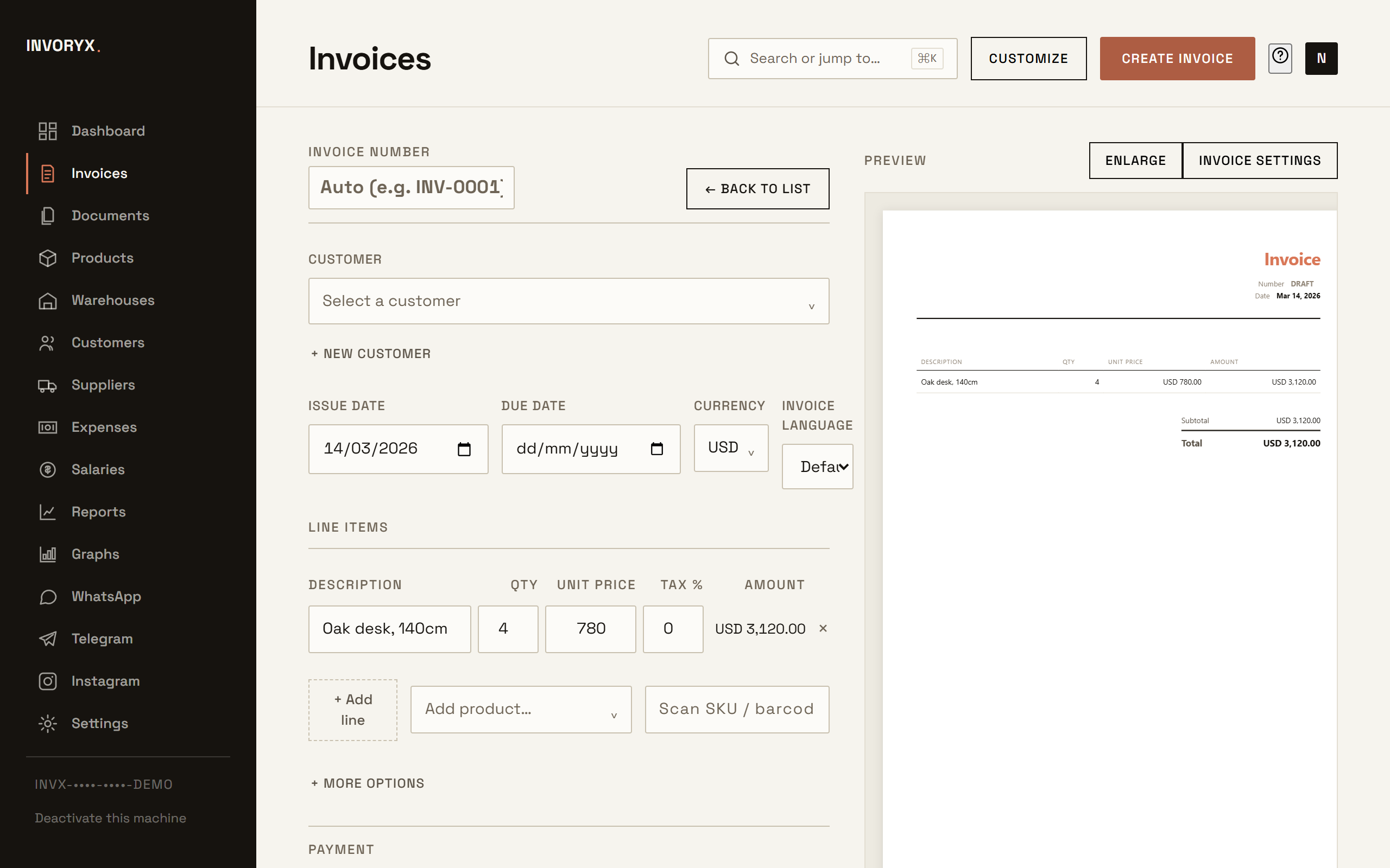 Invoice editor with live document preview