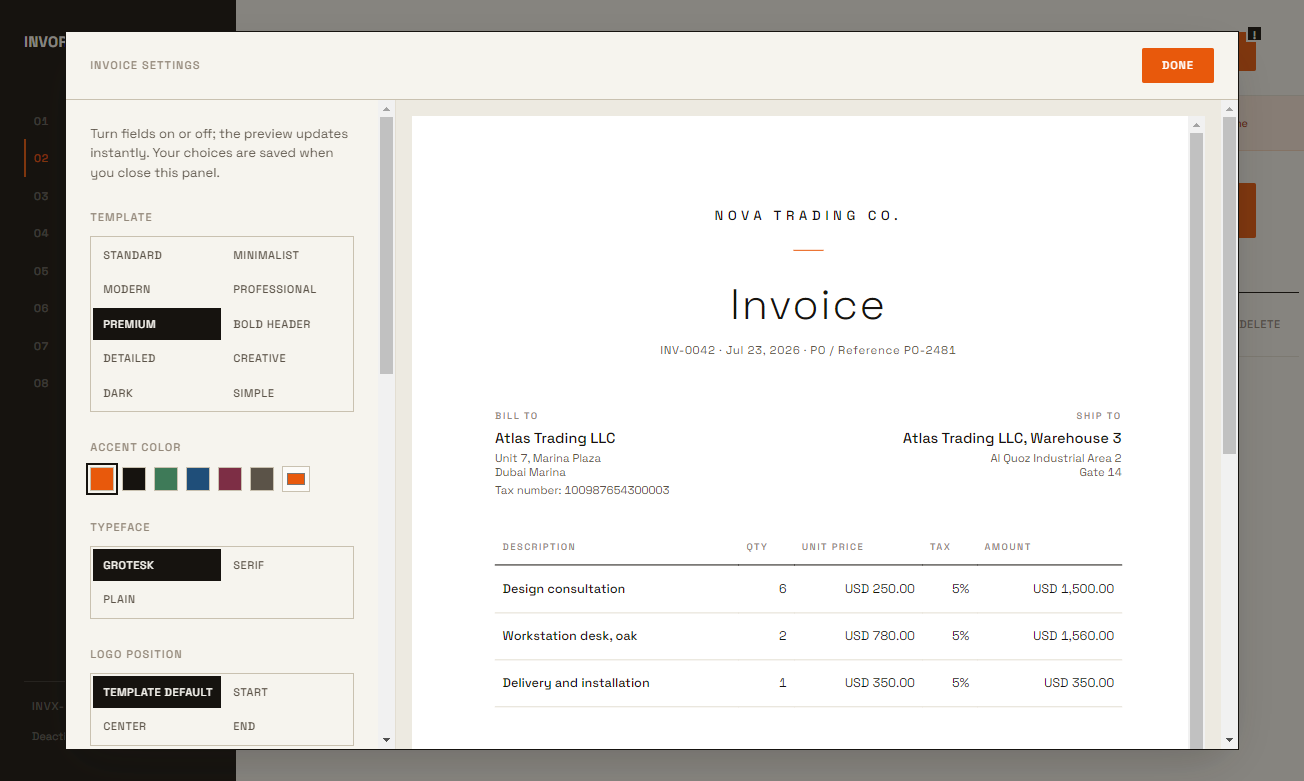 Premium invoice template in the live preview
